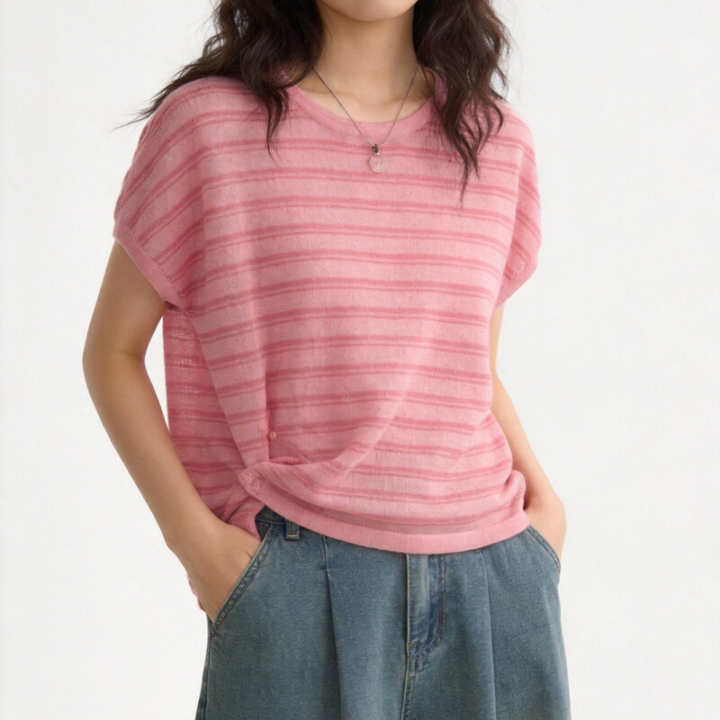 2026 Summer New Style Irregular Knotted Knit Top Pink Striped Short-Sleeve Slimming Versatile Korean Style Spicy Girl Style 2026 Summer New Style Irregular Knotted Knit Top Pink Striped Short-Sleeve Slimming Versatile Korean Style Spicy Girl Style