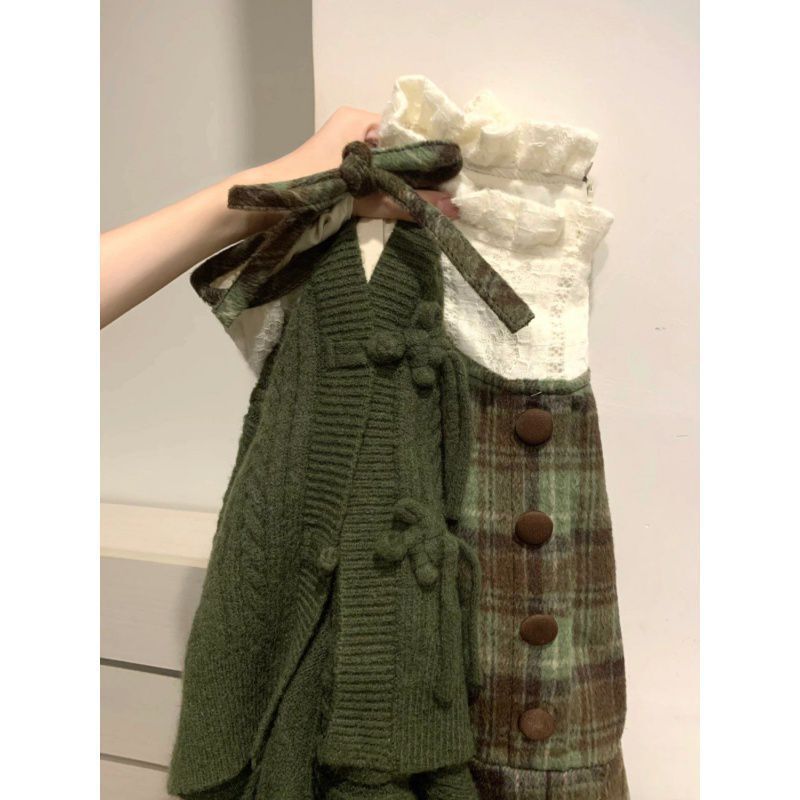 Vintage Mori-Style Woolen Patchwork Plaid Dress 2024 Student New Waist-Cinching Dress Sweater Coat Two-Piece Wholesale