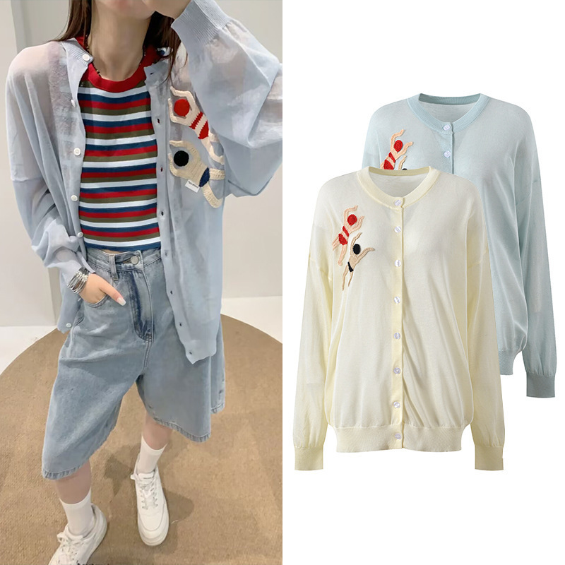 2025 Summer New Style Three-Dimensional Crochet Frog Pattern Loose Casual Versatile Long-Sleeve Knit Cardigan Top