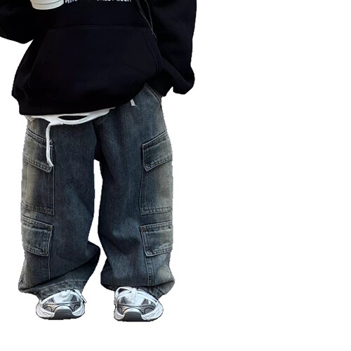 Children's denim jeans spring version unisex children's spring wear baby retro boy wide-leg pants straight-leg pants long pants work style