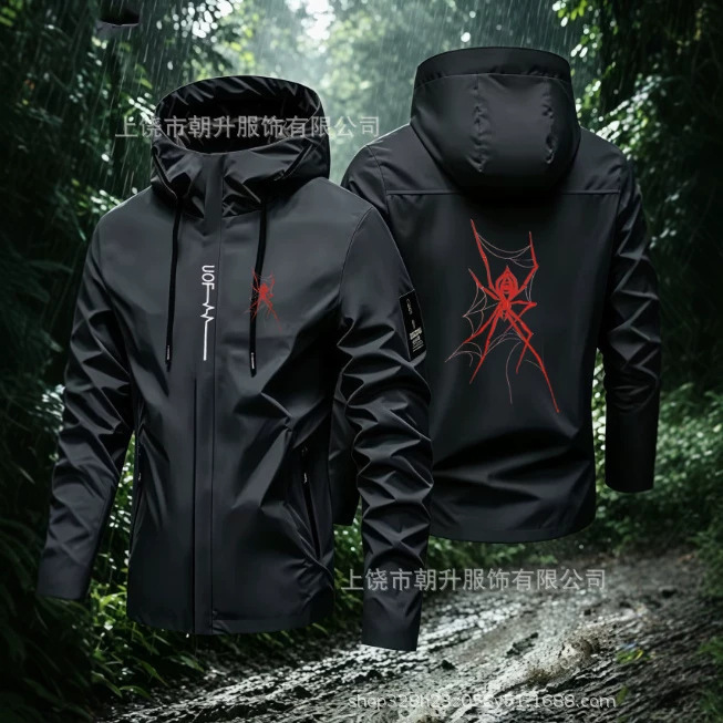 2025 new spider print hooded windbreaker for men, spring and autumn windproof and waterproof outdoor casual softshell jacket 450