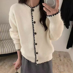 圆领撞色缝线边高感针织衫外套女2025秋冬新款慵懒风针织衫上衣女