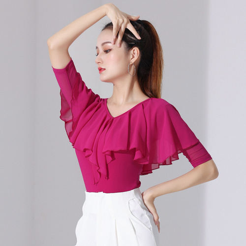 Fuchsia black ruffles latin salsa ballroom dance tops for women girls  gauze chiffon waltz tango dancing blouses shirt for lady practice dance clothes