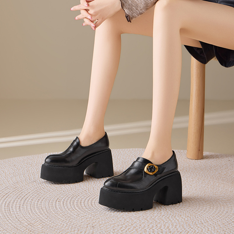 Giày loafer nữ da bò cao cấp gót vuông 10 cm, mũi nhọn khóa dây, đế dày — màu đen, màu đỏ