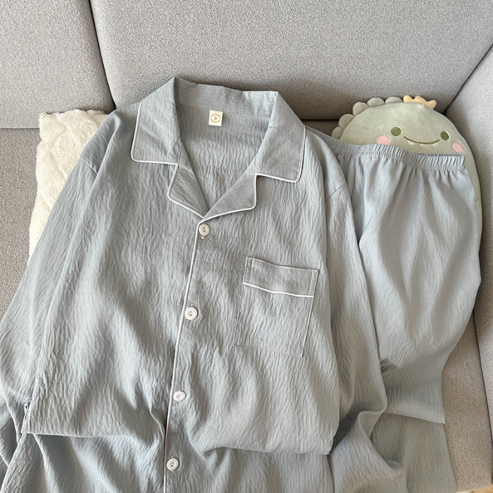 Primavera y otoño delgada pijamas de algodón nublado hombre ocio simple color sólido vestido en vivo conjunto de ropa de casa comercio exterior al por mayor