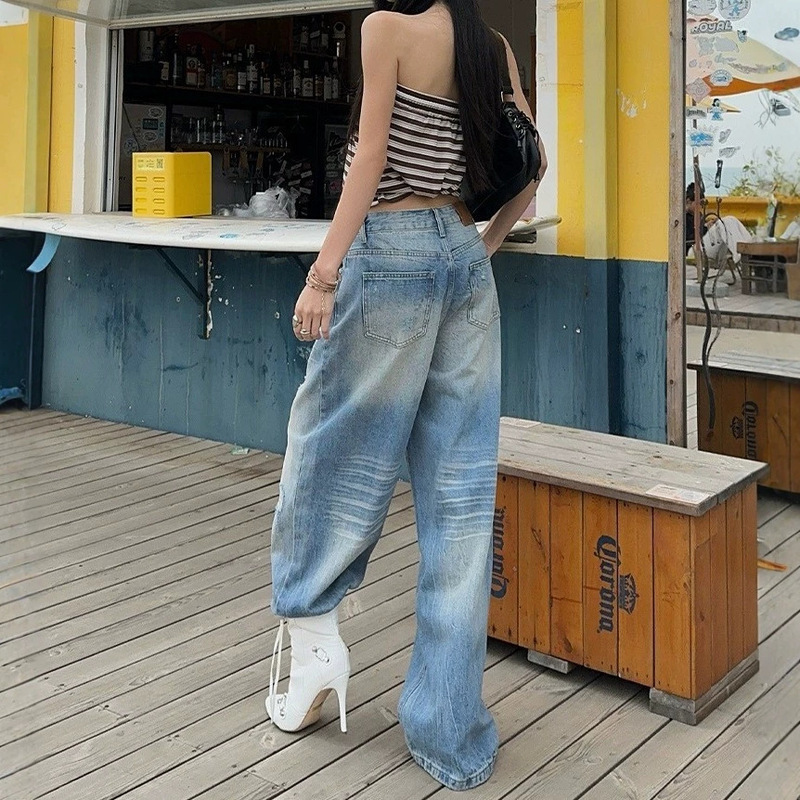 Cross-Border Foreign Trade American Retro Heavy-Washed Ripped Loose Straight Wide-Leg Versatile Slimming Floor-Length Women's Jeans