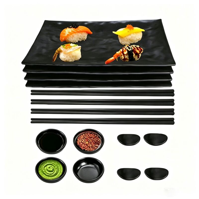 Cross-Border Melamine Tableware 16-Piece Set Japanese-Style Sushi Plates Plastic Amazon Best-Selling Black Sushi Commercial Set