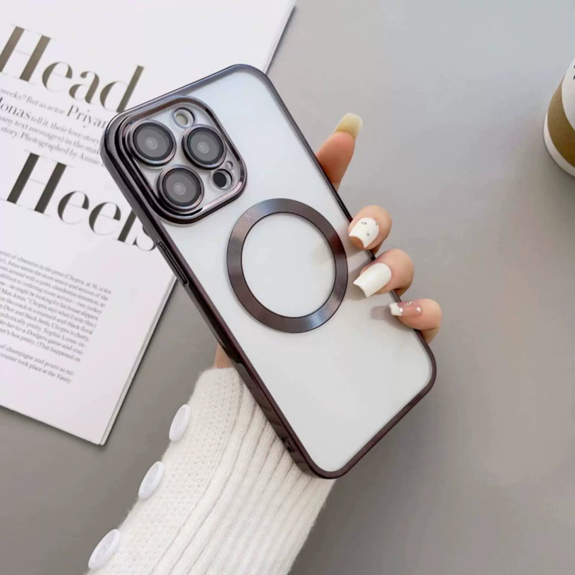 Чехол для телефона (Apple) iPhone 15 — прозрачный силикон, электропрельное магнитное кольцо, slim