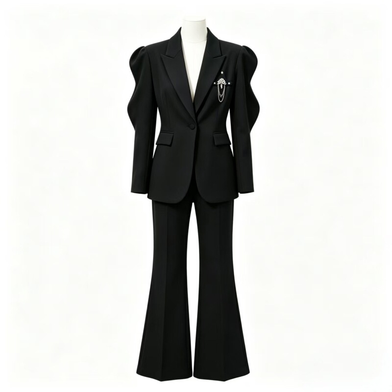 Stylish 2026 Spring/Autumn Two-Piece Suit with Puff Sleeves, Back Cut-Outs, Rivets, and Flared Pants Set for Formal Occasions Stylish 2026 Spring/Autumn Two-Piece Suit with Puff Sleeves, Back Cut-Outs, Rivets, and Flared Pants Set for Formal Occasions
