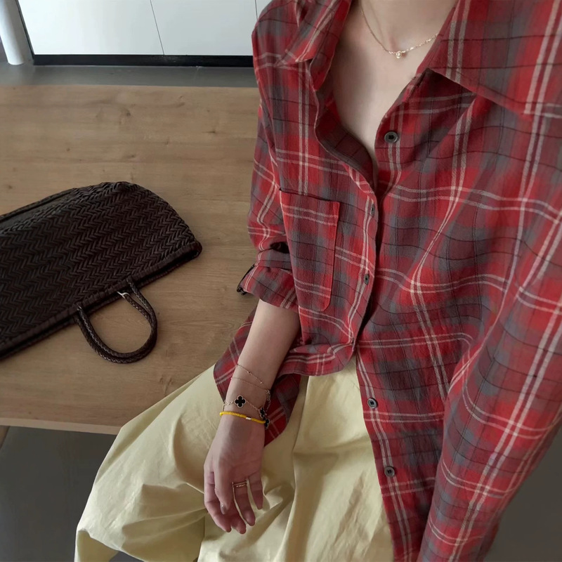 Korean Designer 2026 Spring New Style Angora Red Plaid Casual Loose Sun Protection Shirt Women's Top Korean Designer 2026 Spring New Style Angora Red Plaid Casual Loose Sun Protection Shirt Women's Top