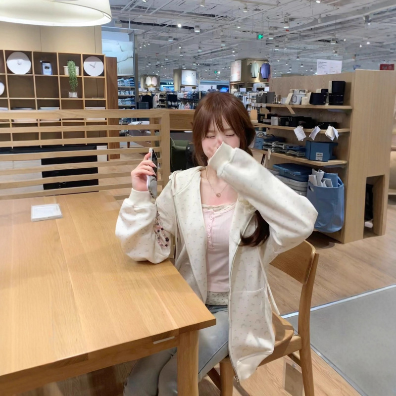 碎花连帽卫衣女春秋oversize薄款外套港味chic宽松慵懒开衫上衣|undefined