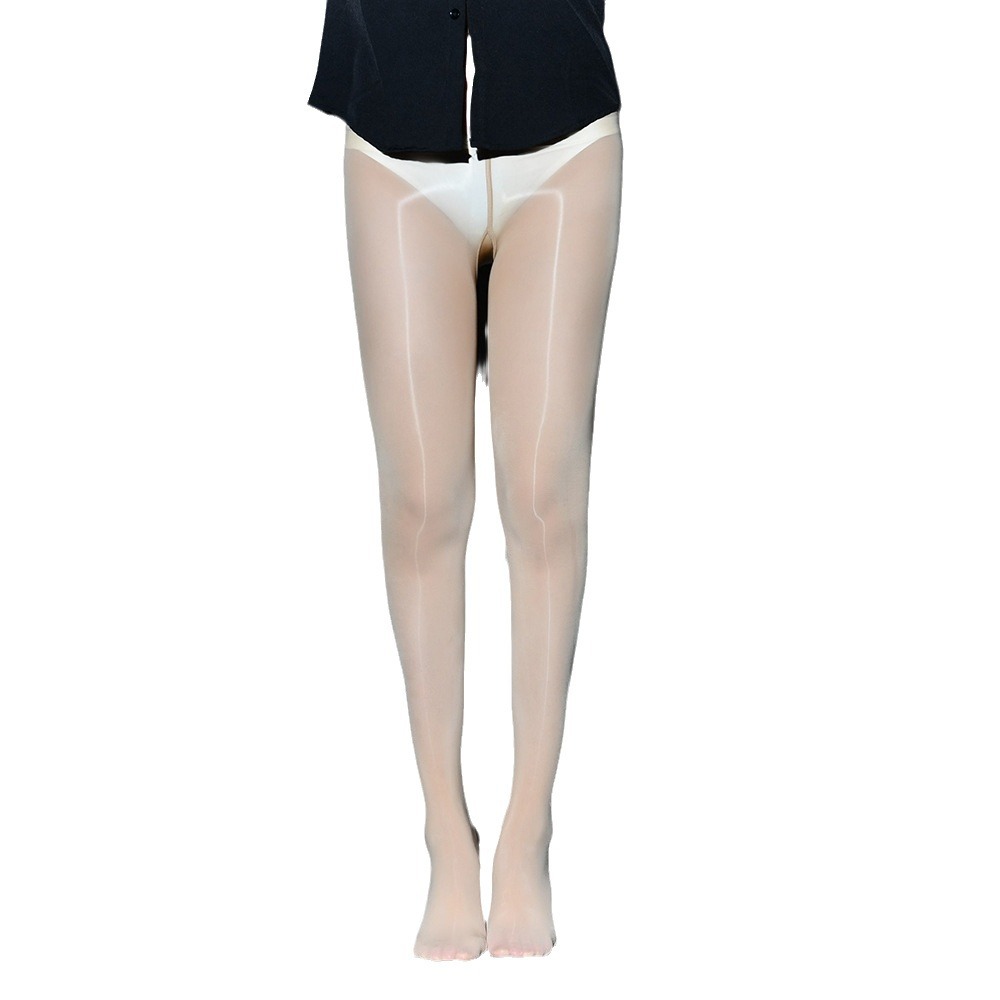 Qinghe sola entrepierna pantimedias aceitosas calcetines de aceite de caballo sexy medias pierna ligera apretada entrepierna abierta femenina negro seda