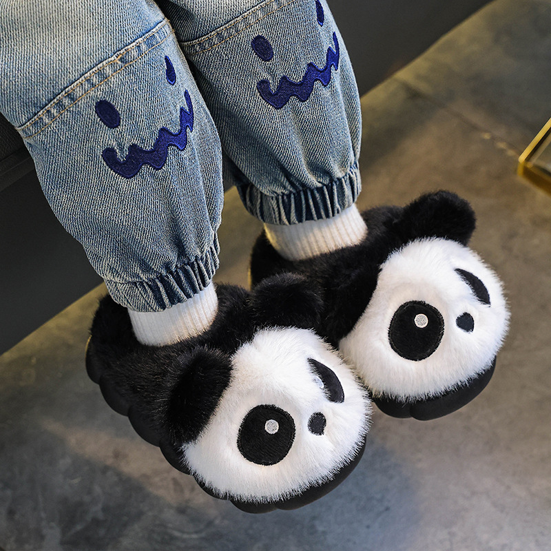 Panda zapatillas de algodón de invierno para niños y niñas, calentamiento y pelusa, zapatos de algodón para padres e hijos lindos para niños