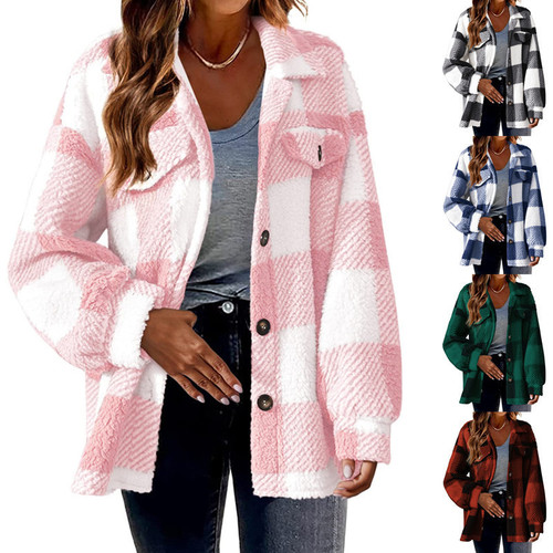 Cross-border Women's 2025 New Amazon Autumn/Winter Pockets Grid Lamb Fleece Jacket Button Plush Outerwear
