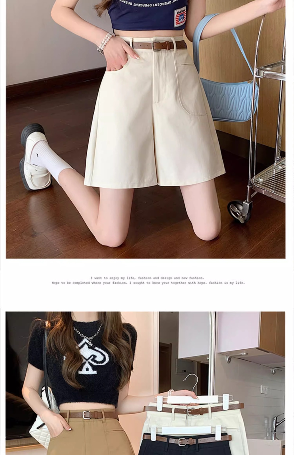 Quần short nữ cạp cao ống rộng dáng suông dài ngang đùi kiểu Hồng Kông — Màu đen chi tiết 16