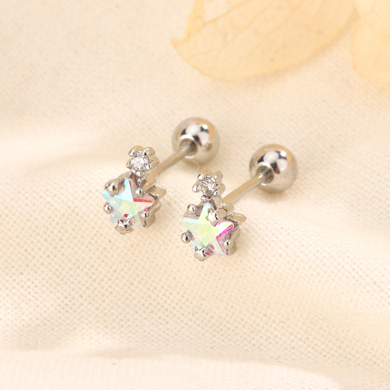 炫彩星星耳釘女超閃漸變彩色鋯石五角星耳環月光石螺絲擰耳骨釘酷