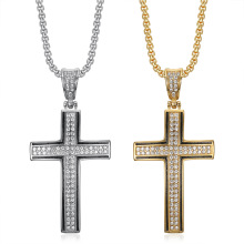 欧美跨境新款嘻哈HIPHOP饰品 不锈钢镀金满钻黑边十字架吊坠项链