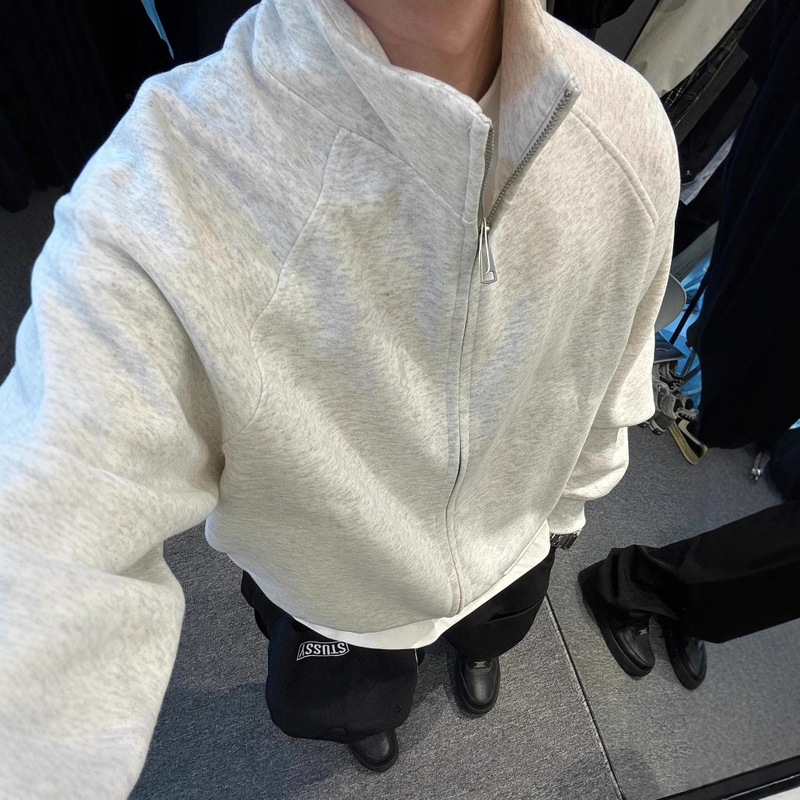 American Retro cleanfit Cardigan Sweatshirt Men's Box Version Vertical Collar Zipper Jacket Autumn and Winter Profile Cutting