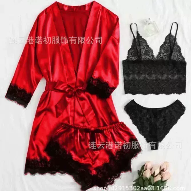 欧美新款内衣情趣缎面吊带套装大码女士睡袍厂家亚马逊新款四件套