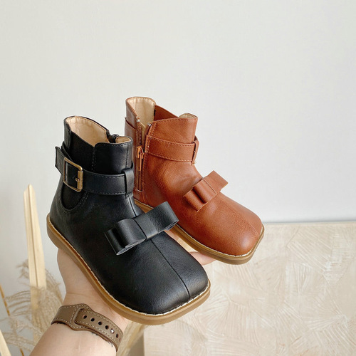 Korean girls' square toe mid-calf leather boots  autumn and winter new style short boots single boots British Martin boots