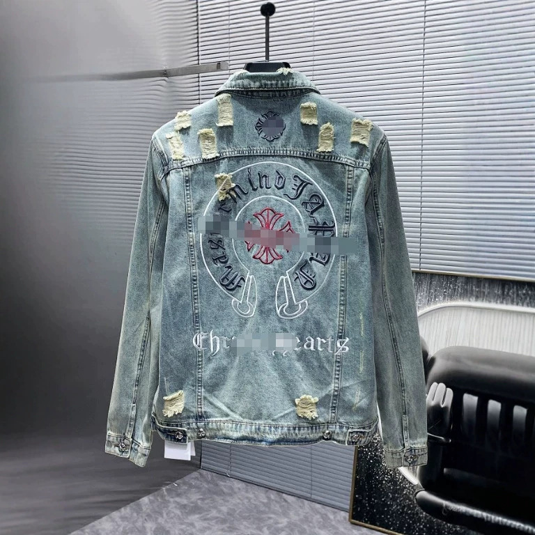 ChromeHearts 크로우의 새로운 자수 로고 찢어진 복고풍 남성용 카디건 데님 재킷의 올바른 버전