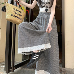 格子裙裤女蕾丝花边阔腿裤夏季宽松高腰垂坠感休闲裤小个子直筒裤