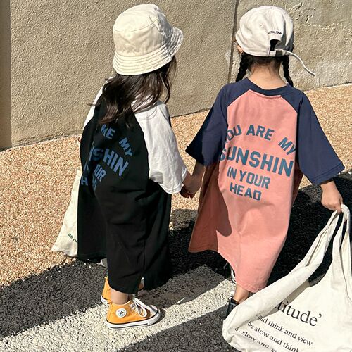 Girls dress Korean style pure cotton short-sleeved children's wear summer  new baby long letter T-shirt skirt