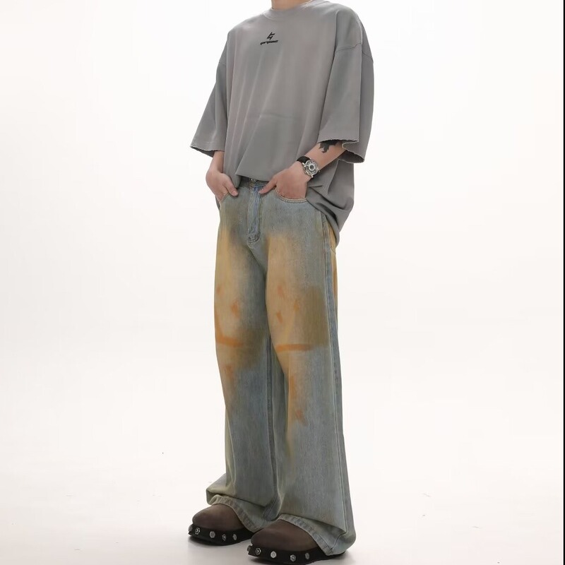 Vintage Orange Brush Washed Distressed Jeans Men's Niche Design High Street Straight Loose Wide Leg Trendy Pants