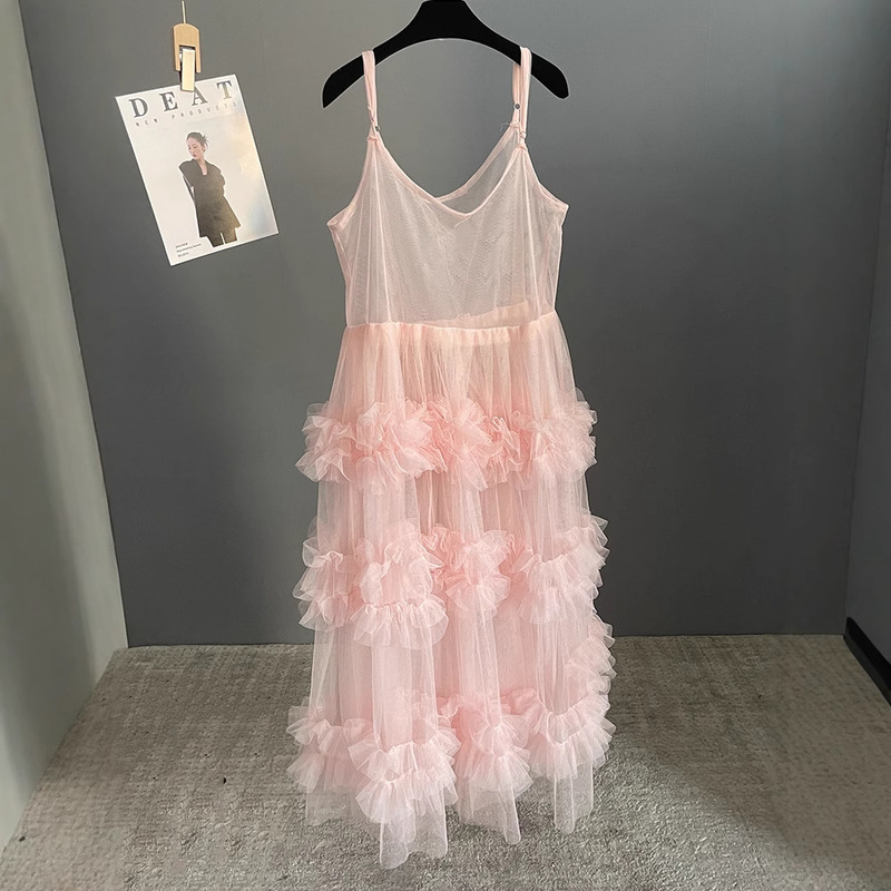 Long Suspender Sexy Mesh Skirt Lace Suspender Mesh Pink Elegant Girl Dress Niche Vest Summer