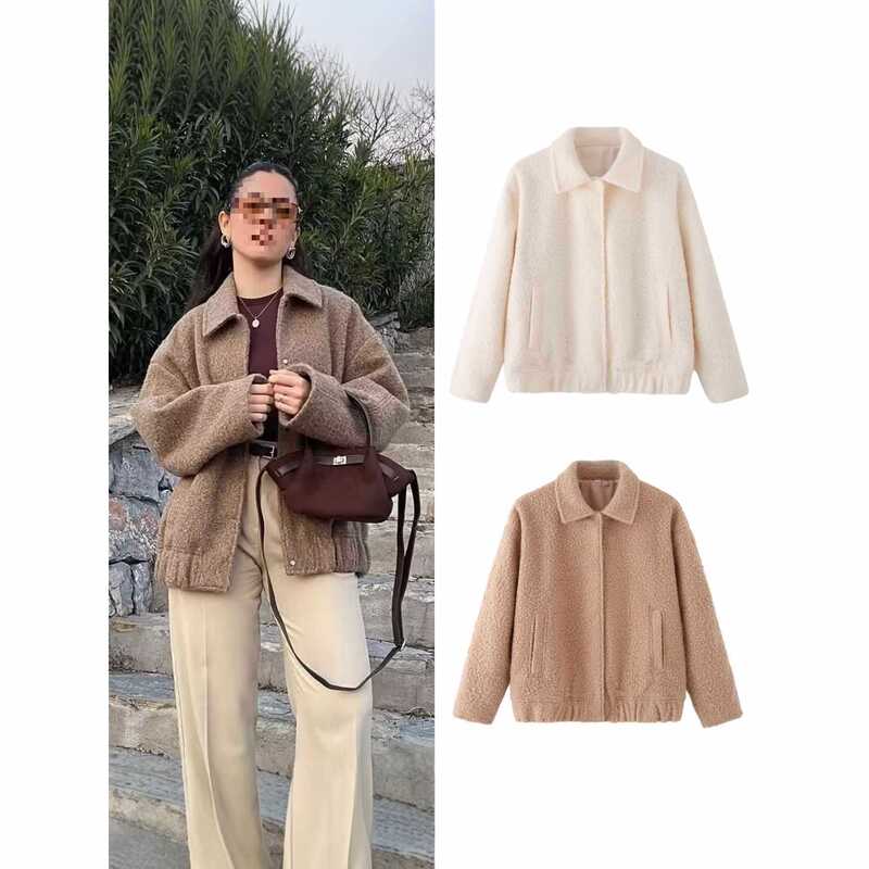 Winter Cross-Border Foreign Trade Women's Clothing European and American Style Lapel Long-Sleeved Solid Color Lamb Wool Jacket for Women
