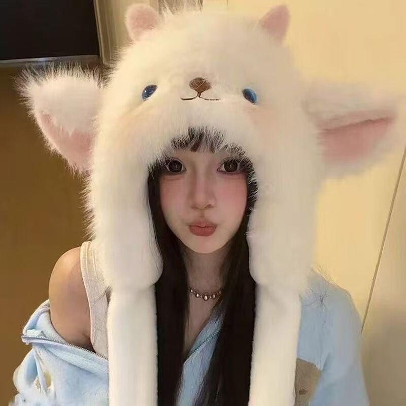 新款卡通小羊加绒加厚毛线帽子女保暖捏捏耳朵会动护耳帽防寒帽子|undefined