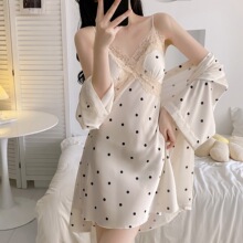 冰丝睡衣女夏季薄款性感吊带睡袍两件套夏天性感蕾丝带胸垫家居服