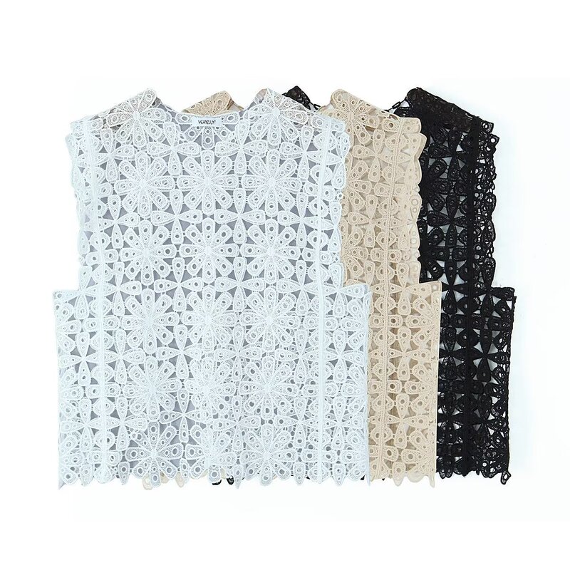 Europe and the United States wholesale 2023 Summer new three-color craft flower lace vest irregular top K7-A237