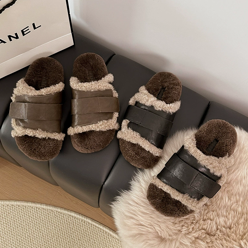 2024 осенью толстая подошва носить хлопчатобумажные тапочки женский повседневный ретро слово шерстяные тапочки новый нишевые ленивые тапочки