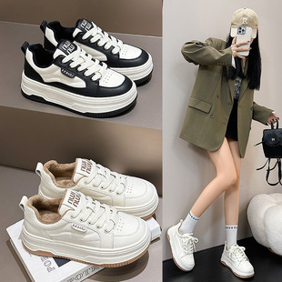 Fleece-Lined Thick-Soled Genuine Leather White Sneakers for Women, 2025 Autumn and Winter New Versatile Women's Shoes, Height-Increasing Casual Sports Round-Toe Sneakers