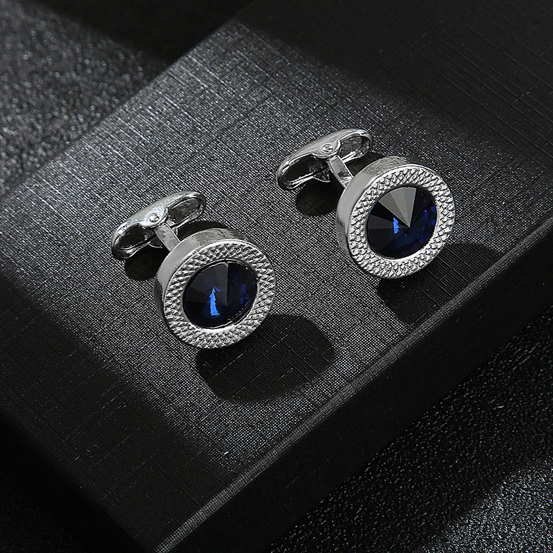 New Round Blue Crystal Zircon Cufflinks Fashion French Men's Shirt Cufflinks display picture 5