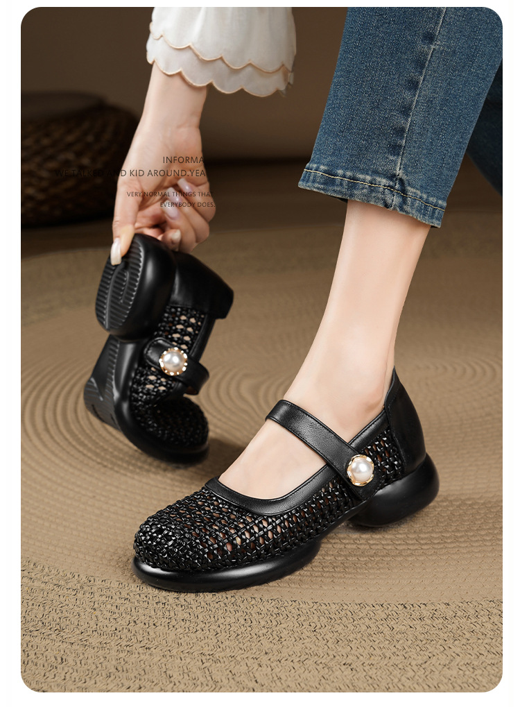 Sandal nữ da thật quai chữ V đan móc mũi kín đế mềm — màu be chi tiết 14