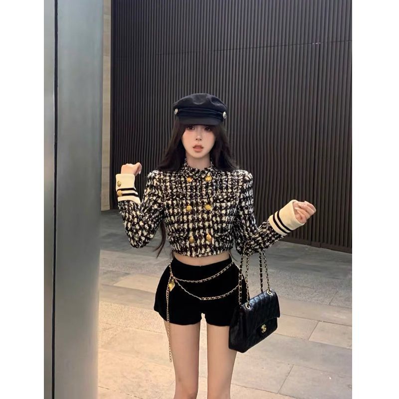 套装女2025秋冬新款小香风富家千金格子长袖短款外套高腰阔腿短裤|undefined