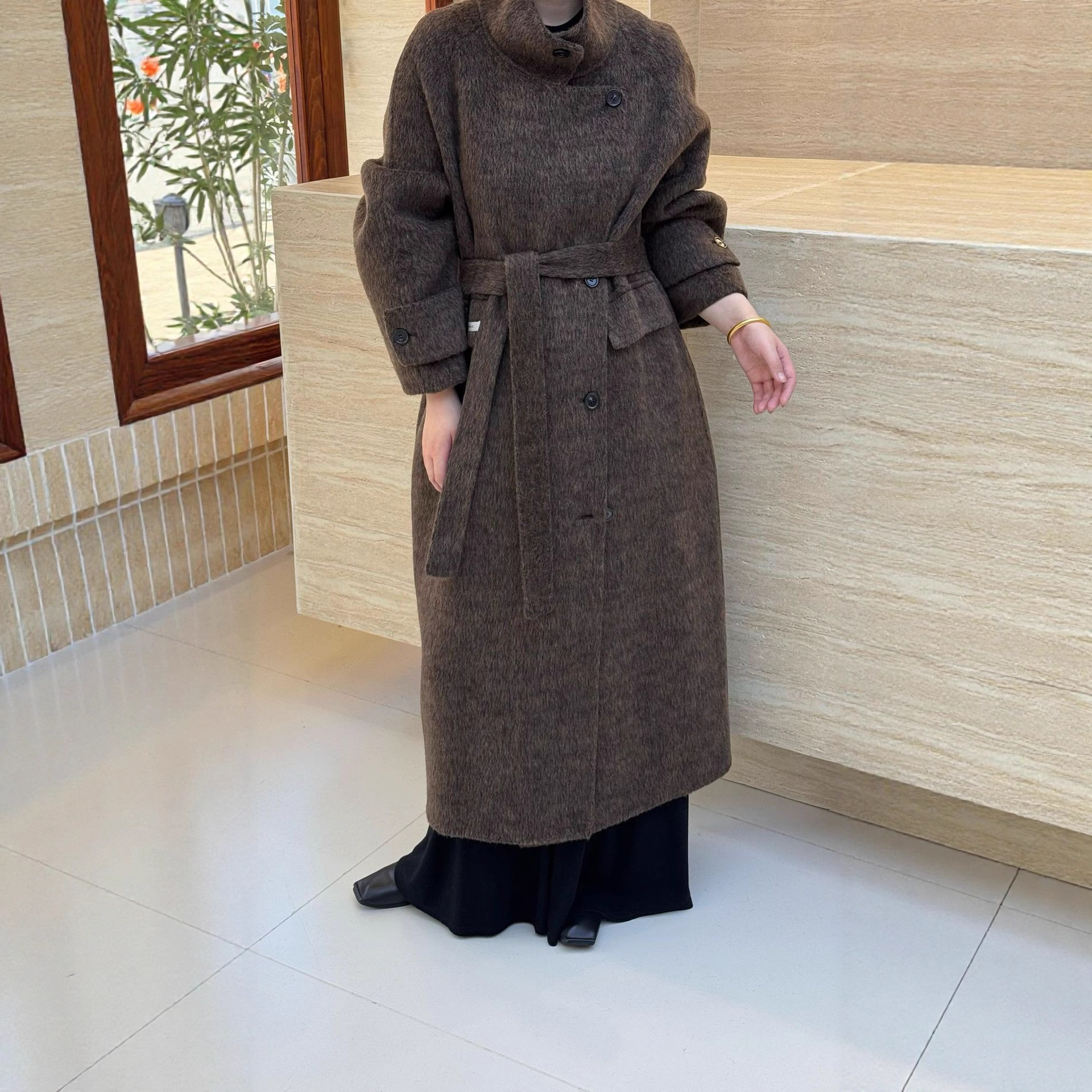Autumn and Winter New Korean Style Double-Sided High-Luxury Wool Stand-Up Collar Extended Wide Version Elegant Lazy Style Double-Sided Wool Coat for Women