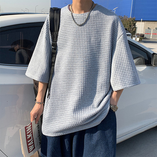 Men's Summer T-shirt, Honeycomb Short Sleeve, Trendy Streetwear, Instagram Style, Harajuku Fashion, Half Sleeve, 5-Finger Sleeve, Hong Kong Style, White T-Shirt