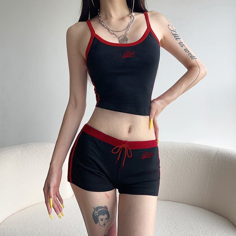 American sports style 2026 letter embroidered casual suspender shorts set, hot girl lace-up shorts two-piece set wholesale American sports style 2026 letter embroidered casual suspender shorts set, hot girl lace-up shorts two-piece set wholesale