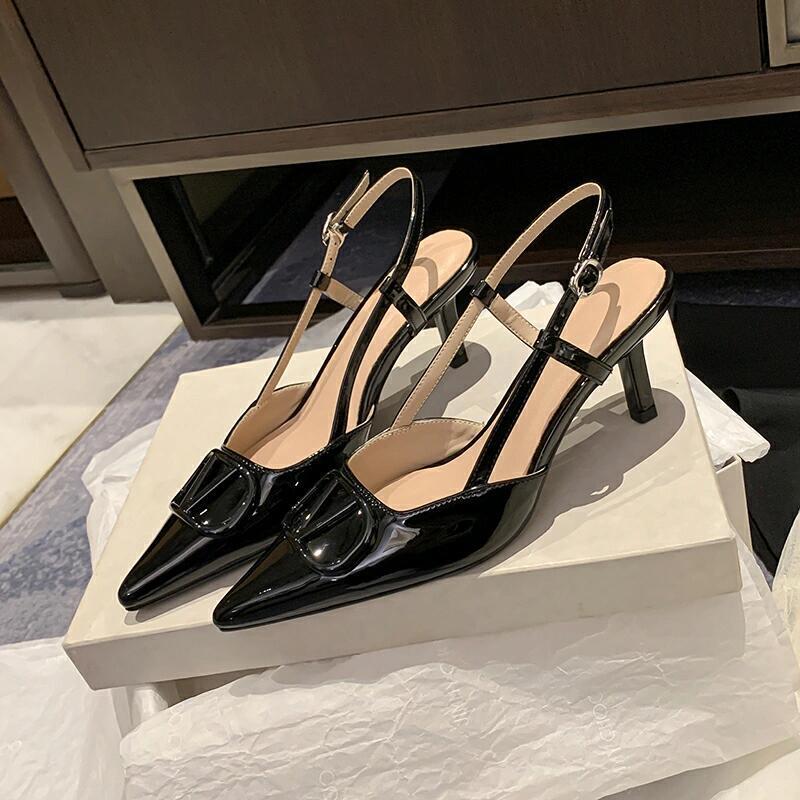 Wo Huizhou 2026 Autumn New Patent Leather Pointed Toe V-Buckle Backless Sandals, Light Luxury European and American Style Women's High Heels