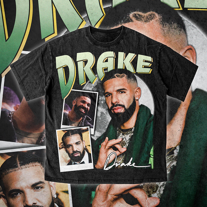 European and American Star Drake O'Brie Drake American Style Vintage Printed Pure Cotton Street Round Neck Summer Universal T-Shirt