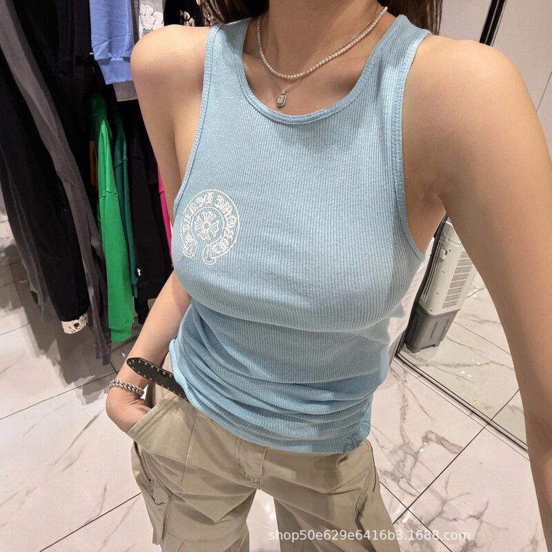 2026 New Style Ribbed Knit Vest for Women, American Retro Sanskrit Horseshoe Print, Slim Fit, Spicy Girl Style Sleeveless Top