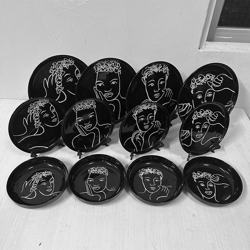 South African Character Black Glaze Bone China Dinnerware Set Salad Bowl Abstract Art Plate Decoration Ornament
