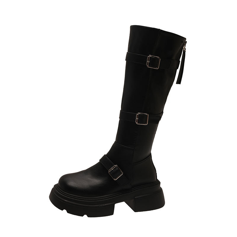 Botas de tubo largo con suela que aumenta la altura de color marrón pequeño, nuevas botas de caballero de pierna gruesa Maillard para mujer otoño e invierno 2024_voghion.com