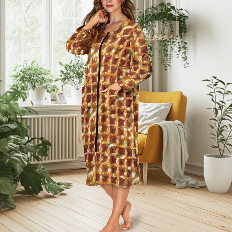 Amazon Foreign Trade New Women's Front Zipper Nightgown Waffle Print Long-Sleeved Home Clothes with Pockets Can Be Shipped on Behalf of Others