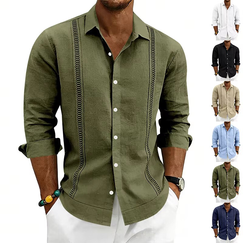 Cross-Border Independent Site Amazon Ethnic Style Men's Long-Sleeve Shirt, Linen Turn-Down Collar, Loose Fit, Casual, Various Styles