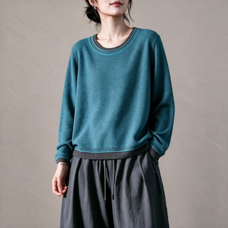 2026 Fall/Winter New Thickened Cotton Yarn Round Neck Knit Sweater Long Sleeve Floral Yarn Color Block Loose Fit Base Shirt Top for Women 2026 Fall/Winter New Thickened Cotton Yarn Round Neck Knit Sweater Long Sleeve Floral Yarn Color Block Loose Fit Base Shirt Top for Women