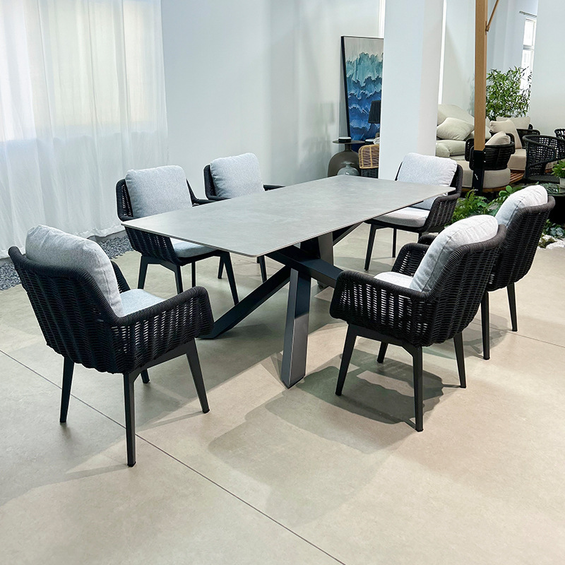 Mesa y silla de ocio al aire libre de cuerda, mesa larga de aleación de aluminio, jardín al aire libre, muebles impermeables y protectores solares